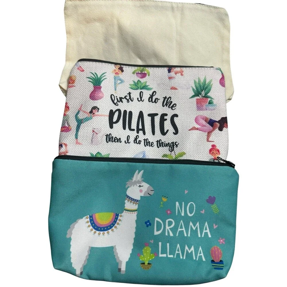 Lot of 3 Makeup/Cosmetics Pouches LLAMA PILATES WORLD! Small, Medium Large